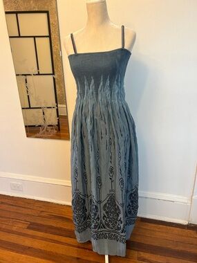 Anthropologie Lapis Blue Smocked Maxi Dress with Black Border Print